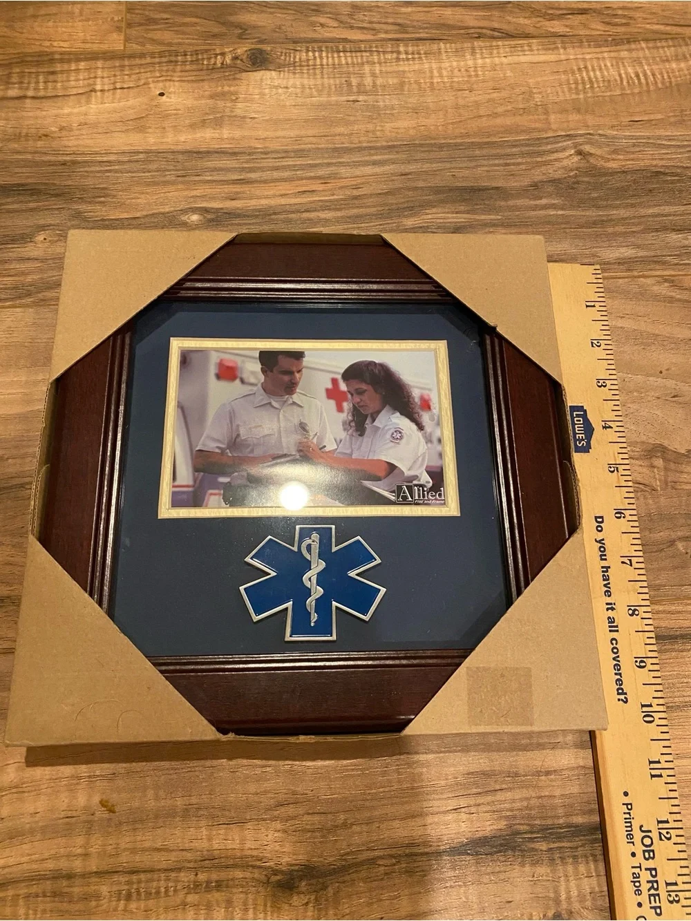 EMS Picture Frame with Blue Star of Life and Dark Brown Frame